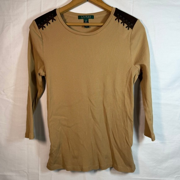 Lauren Ralph Lauren Ribbed Knit Top Brown Shoulder Detail Long Sleeve - Picture 1 of 5